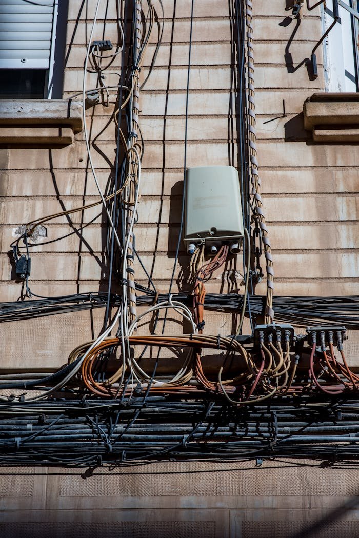 Close-up view of electrical wires and cables on a city building facade.